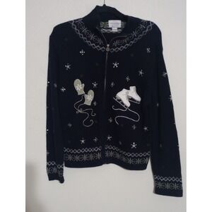 Christopher & Banks Hand Embroidered Sweater Winter Ice Skates Mittens Sweater L